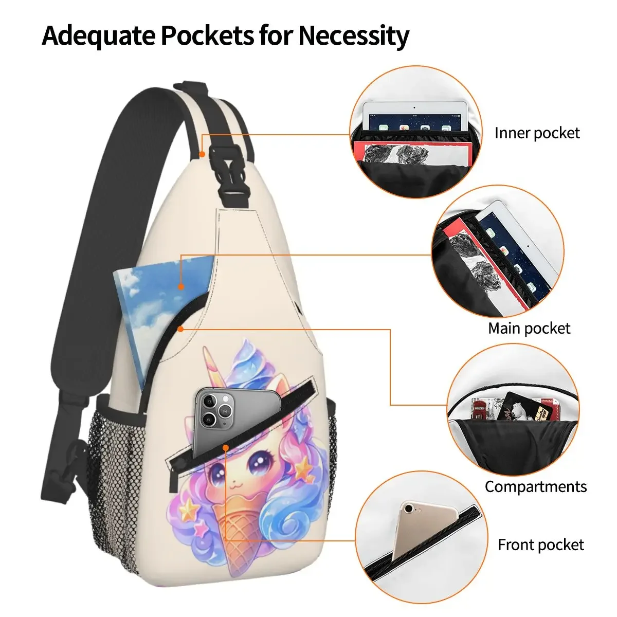 Ice Cream Unicorn Chest Bag Men Sling Crossbody Backpack Chest Bag Traveling Hiking Daypack Shoulder Bag