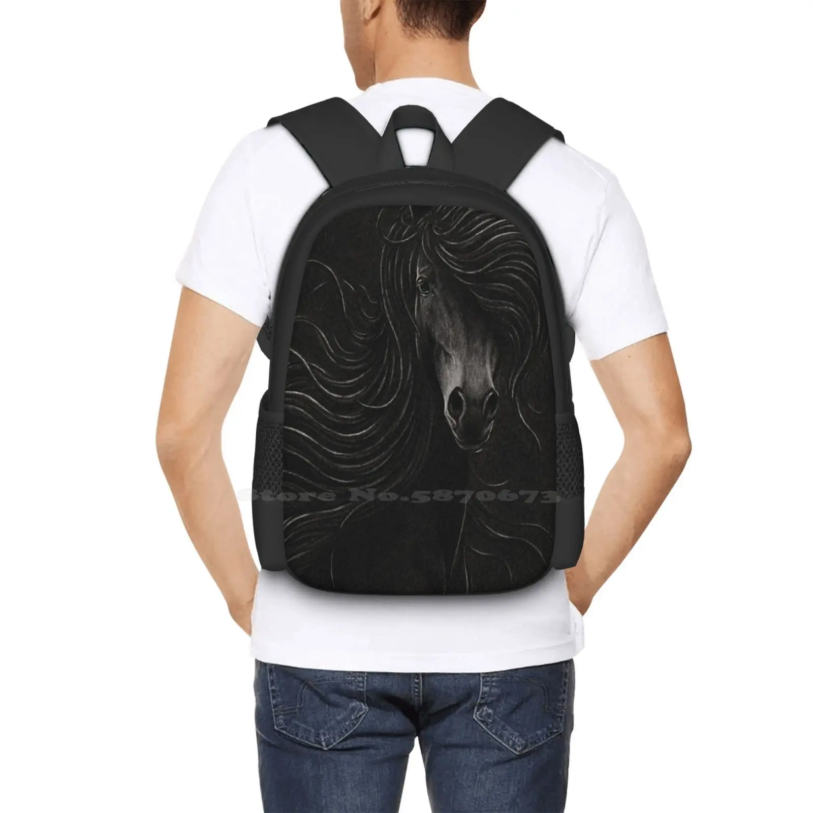 Nacht Pferd Muster Design Tasche Studenten Rucksack Pferd Dunkelheit Schatten Realismus Naturalismus Säugetier Wildlife Wind Brise Mähne