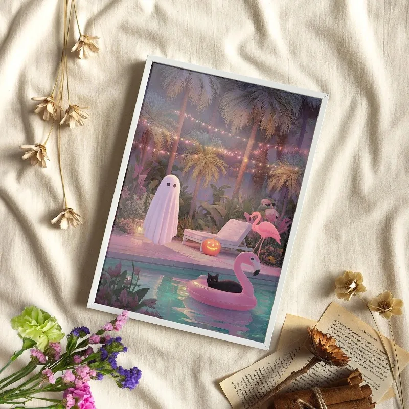 Halloween Canvas Poster, Cute Ghost By Pool with Flamingo Float, Black Cat and Jack-o-Lantern, Unframed Print for Home Wall Deco