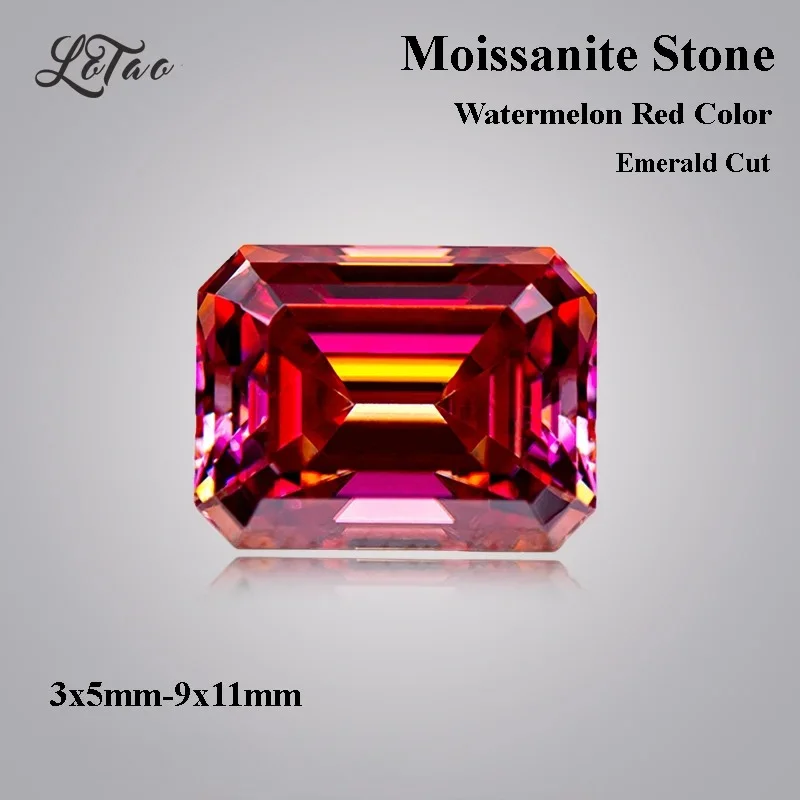 

Moissanite Stone Watermelon Red Color Emerald Cut Lab Grown Diamond Charms Ring Necklace Earrings Main Materials Certificate