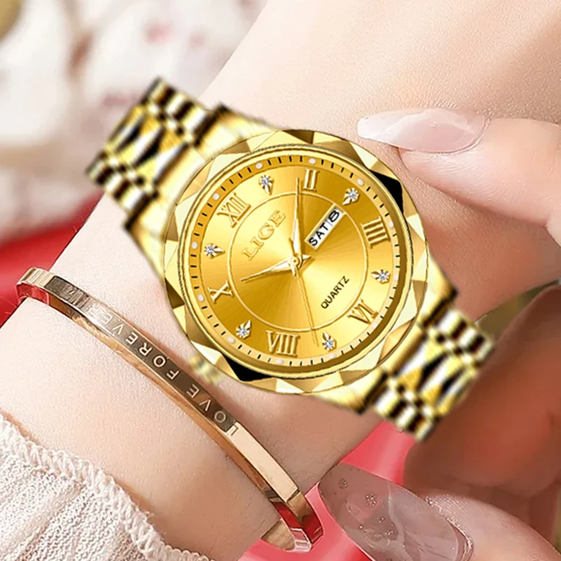 LIGE Ladies Wristwatch Luxury Waterproof Luminous Date Gold Watch For Women Dress Stainless Steel Quartz Women\'s Watches+Box