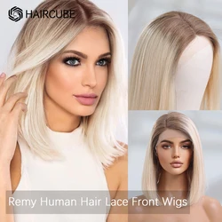 HAIRCUBE 13×5×1Lace Front Human Hair Wig Ombre Platinum Blonde Shoulder Length Bob Wigs for Women Side Parted Straight Remy Hair