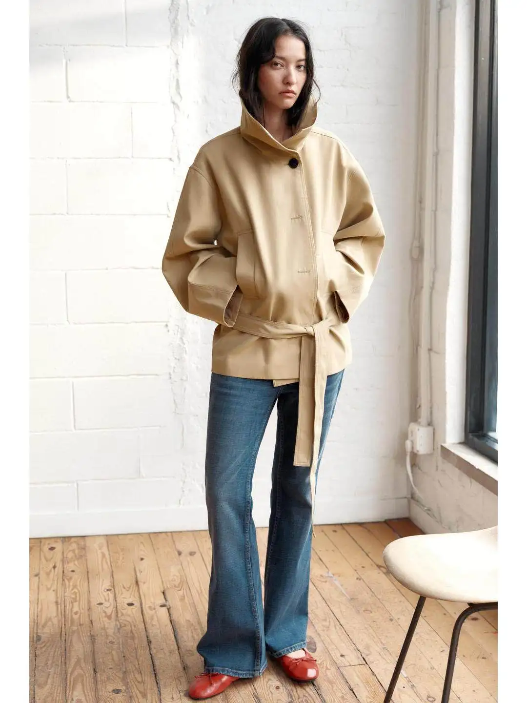 Summer Short Shoulder Drape Long Sleeve Collar Decorative Belt  Knot Coat Polyester Fiber Women's Fashion Bright Sur...