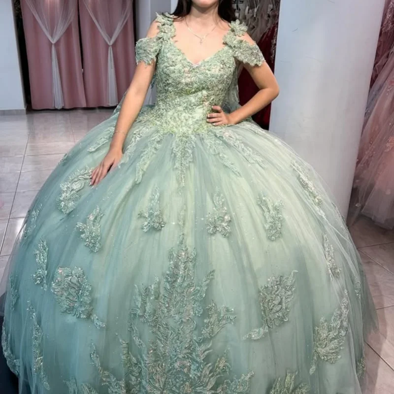 

Shiny Mint Green Quinceanera Dress off-shoulder Sequin decal Long tail vestidos de 15 Quinceanera ﻿Customize