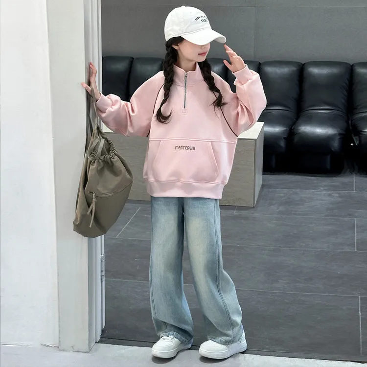 

School Girls Two-piece Set Autumn Letter Printed Half Zipper Sweatshirt+Straight-leg Jean Children Girls Outfit 4-14Y Girls Suit