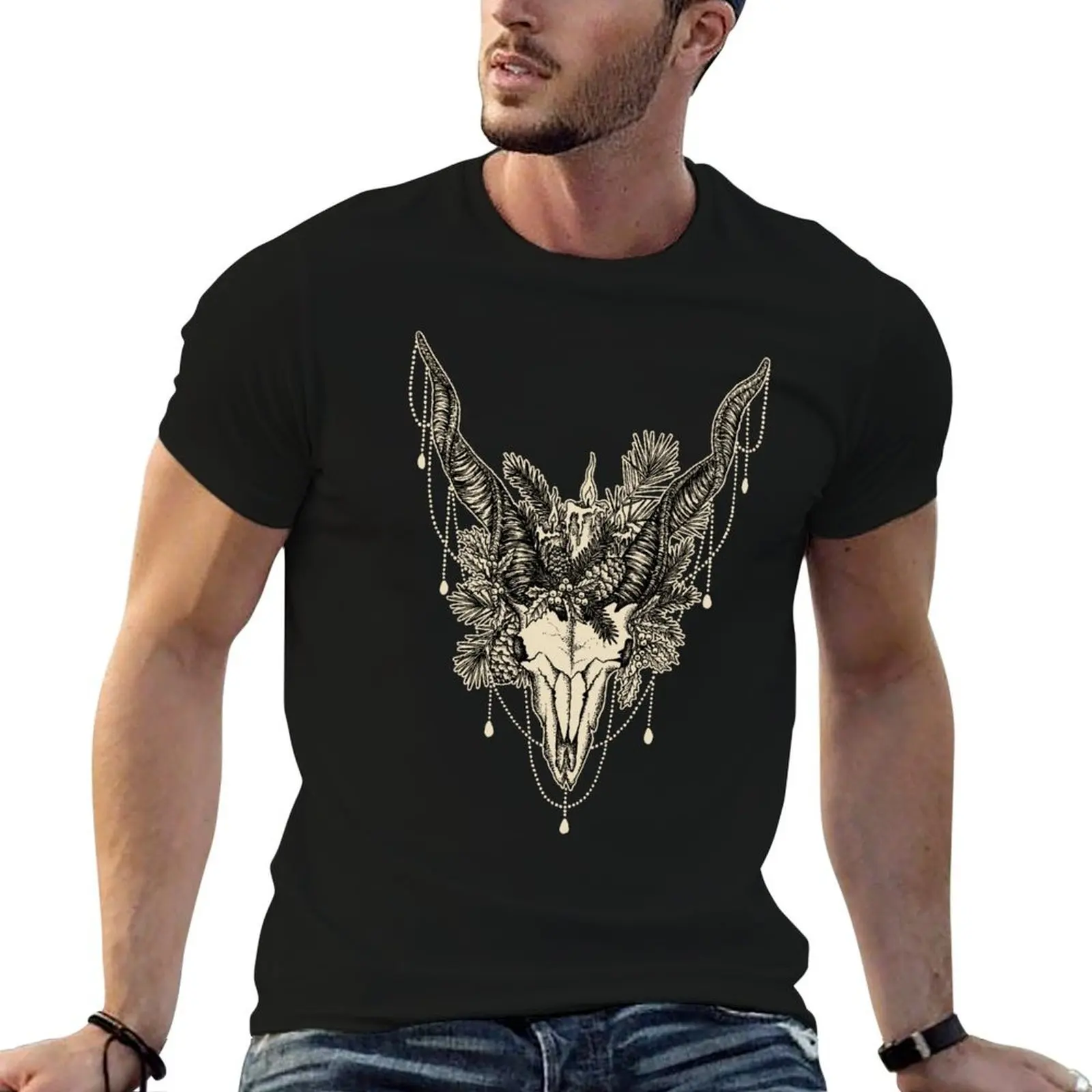 

Occult pagan Yule Gat skull illustration w/ pine, holly, and candles T-Shirt man t shirts cotton T-Shirt