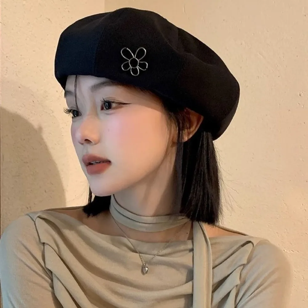 우아한 꽃 여성 베레모 큰 머리 둘레 탄성 팔각형 모자 따뜻한 단색 아티스트 모자 여성용