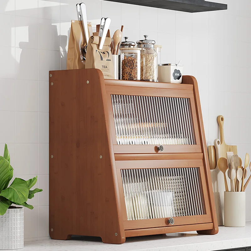 

Desktop Dustproof Storage Box with Acrylic Door Bamboo Cup Holder Display Cabinet Kitchen Organizer Tableware Storage Shelf