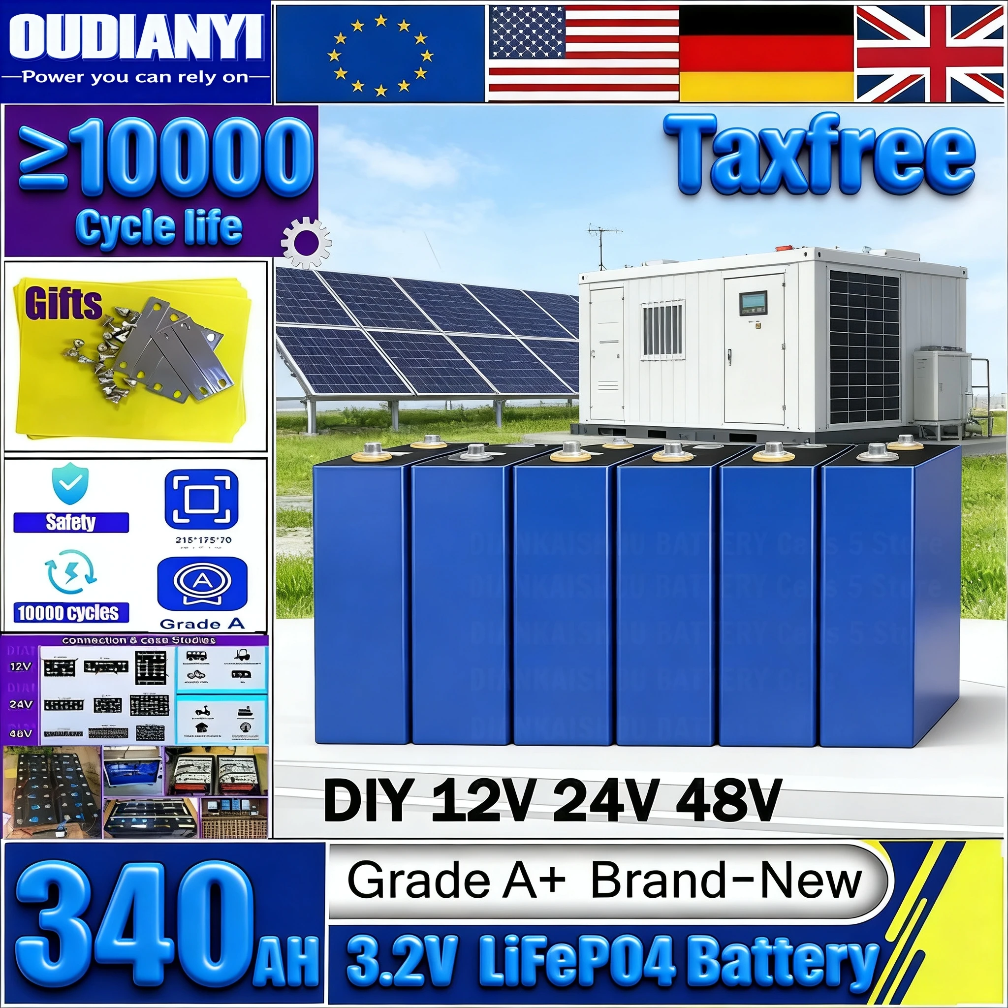 A-الصف 3.2 فولت LiFePo4 بطارية عالية السعة 340AH 320AH 310AH 32AH - 12 فولت 24 فولت 48 فولت لتقوم بها بنفسك 10000 دورة قابلة للشحن خالية من الضرائب ل EV El