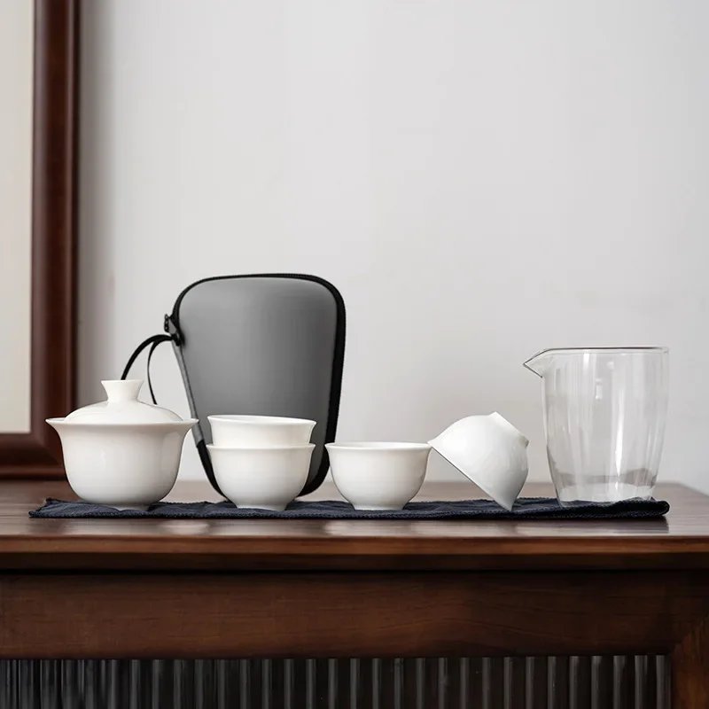 White Jade Fat White Porcelain Gaiwan Travel Tea Set Ceramic One Pot Four Cups Portable Kung Fu Tea Set Dehua White Porcelain