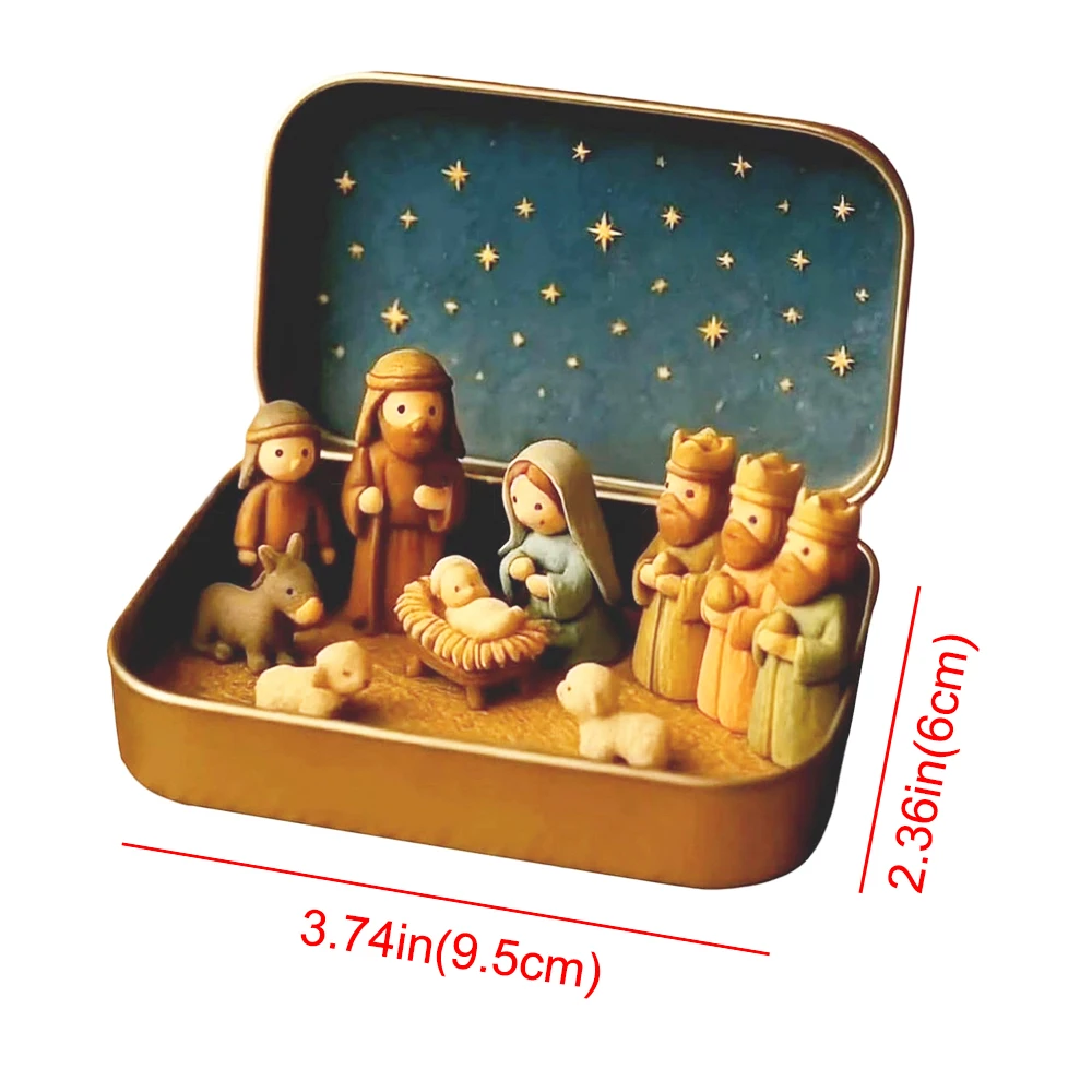 Portable Mini Nativity Scene Metal Box Set Holy Family Three Wise Men Sheep Donkey Figurines Christian Religious Table Decor