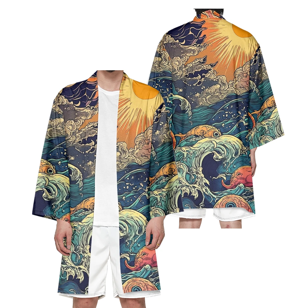 Autumn Samurai Kimono Cosplay Japanese Fashion Long Kimono Unisex Stylish Haori Kimonos Casual Yukata Cardigan Wave Print Robe