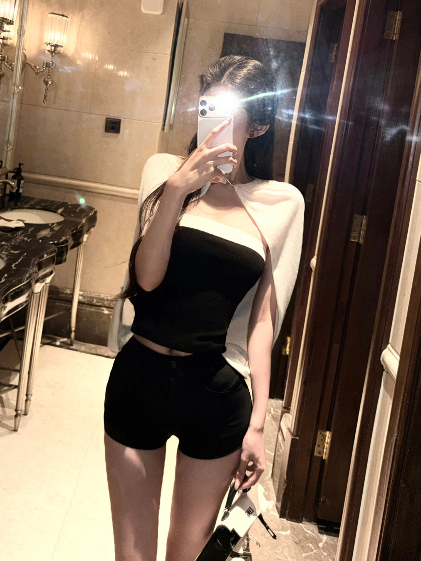 Shoulder Shawl Style Knitted Sweater Women Early Autumn Design Color Collision Slimming Elegant Lady Sexy Top Fake Two-Piece