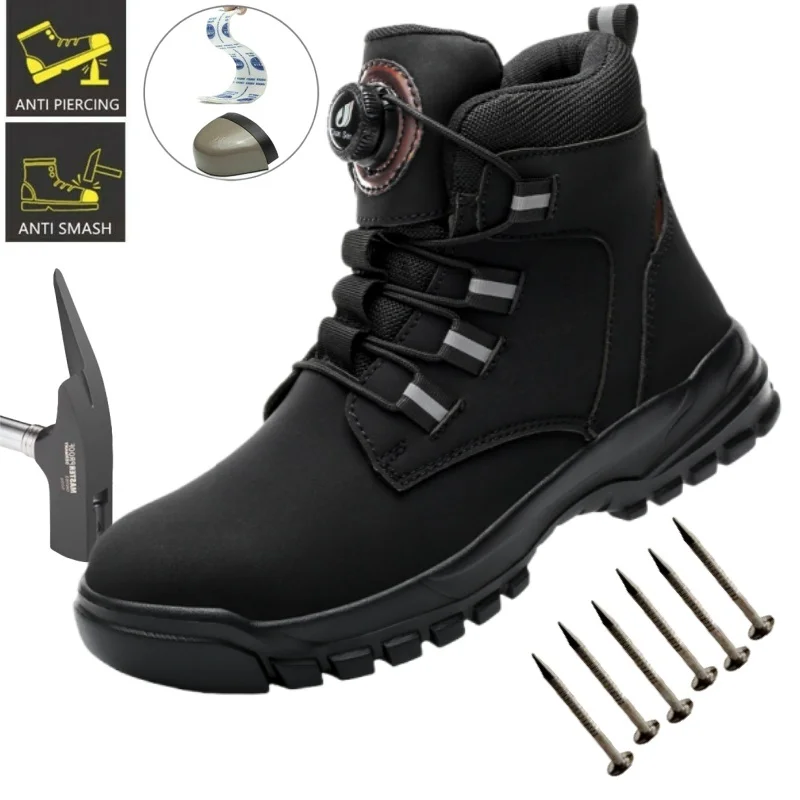 

Waterproof Men Boots Rotating Buttons Safety Shoes Men Puncture-Proof Work Botas Steel Toe Shoes Light Indestructible Boots