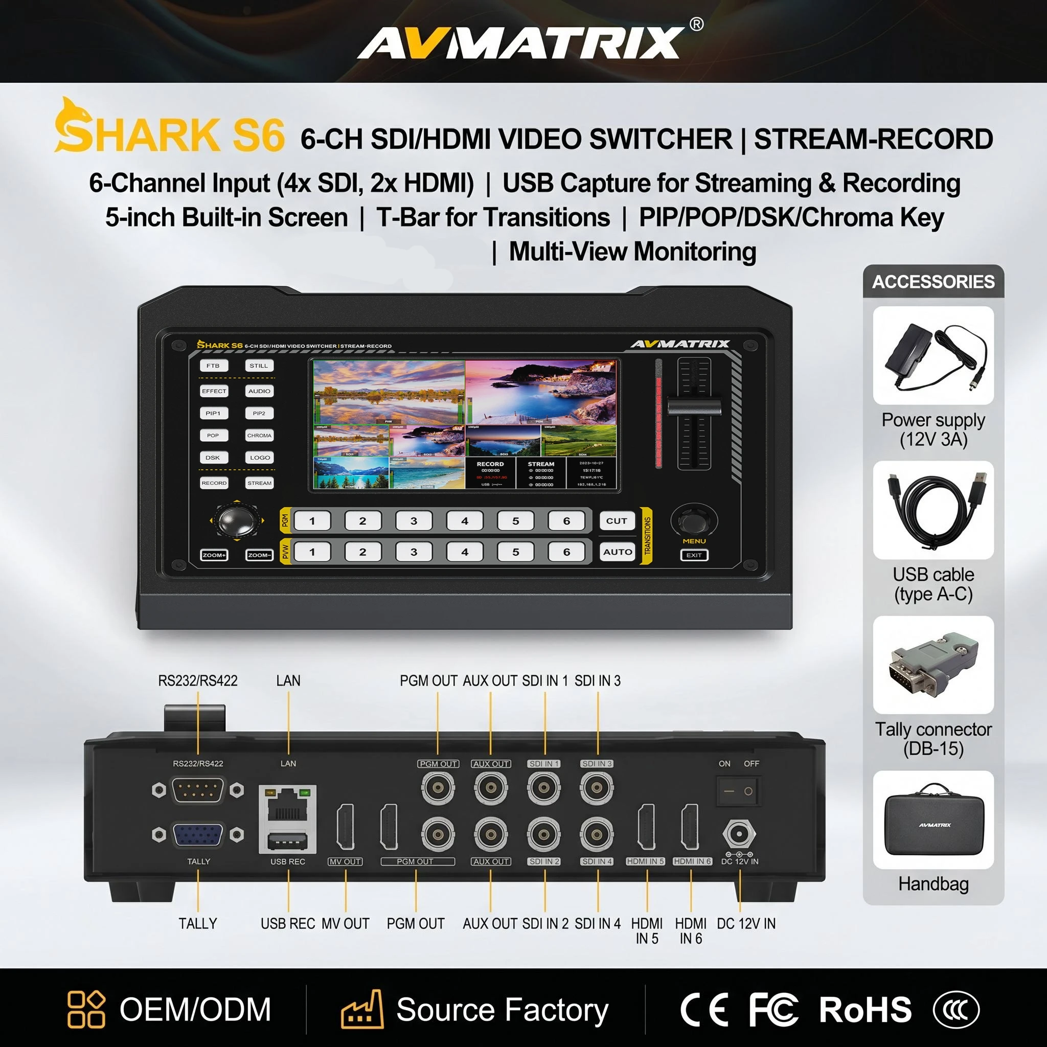 Good AVMATRIX SHARK S6 Video Switcher 6CH SDI HDMI, RTMP SRT Recording Live Stream Video Mixer for Virtual Studio Church Live Ev