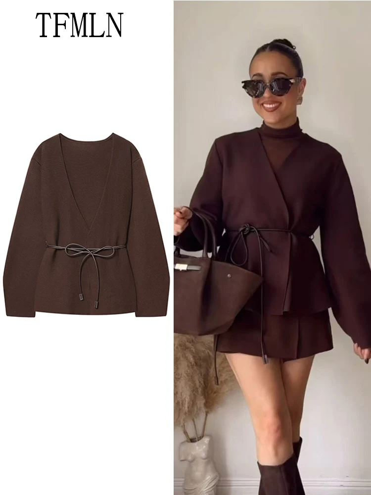 TFMLN 2025 الخريف المرأة محبوك البلوزات أنيقة الخامس الرقبة فضفاضة تريكو الزنانير سترة خمر الصلبة السببية أبلى القمم