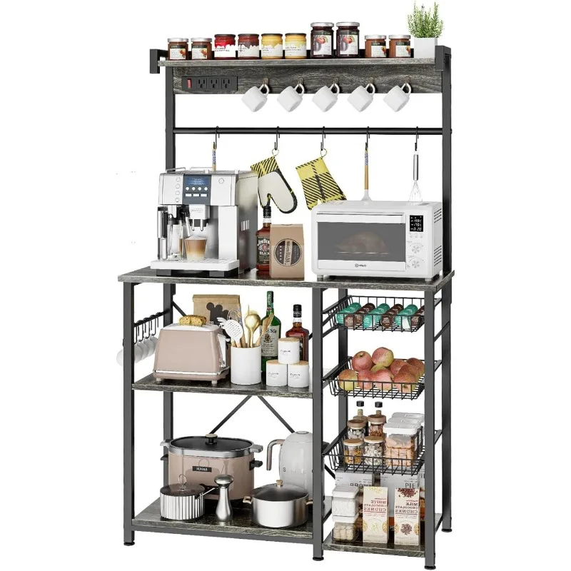 Large Bakers Rack with Power Outlets, 15 Hooks Coffee Bar with 3 Wire Basket, Microwave Stand Kitchen Storage Shelf for Spices,