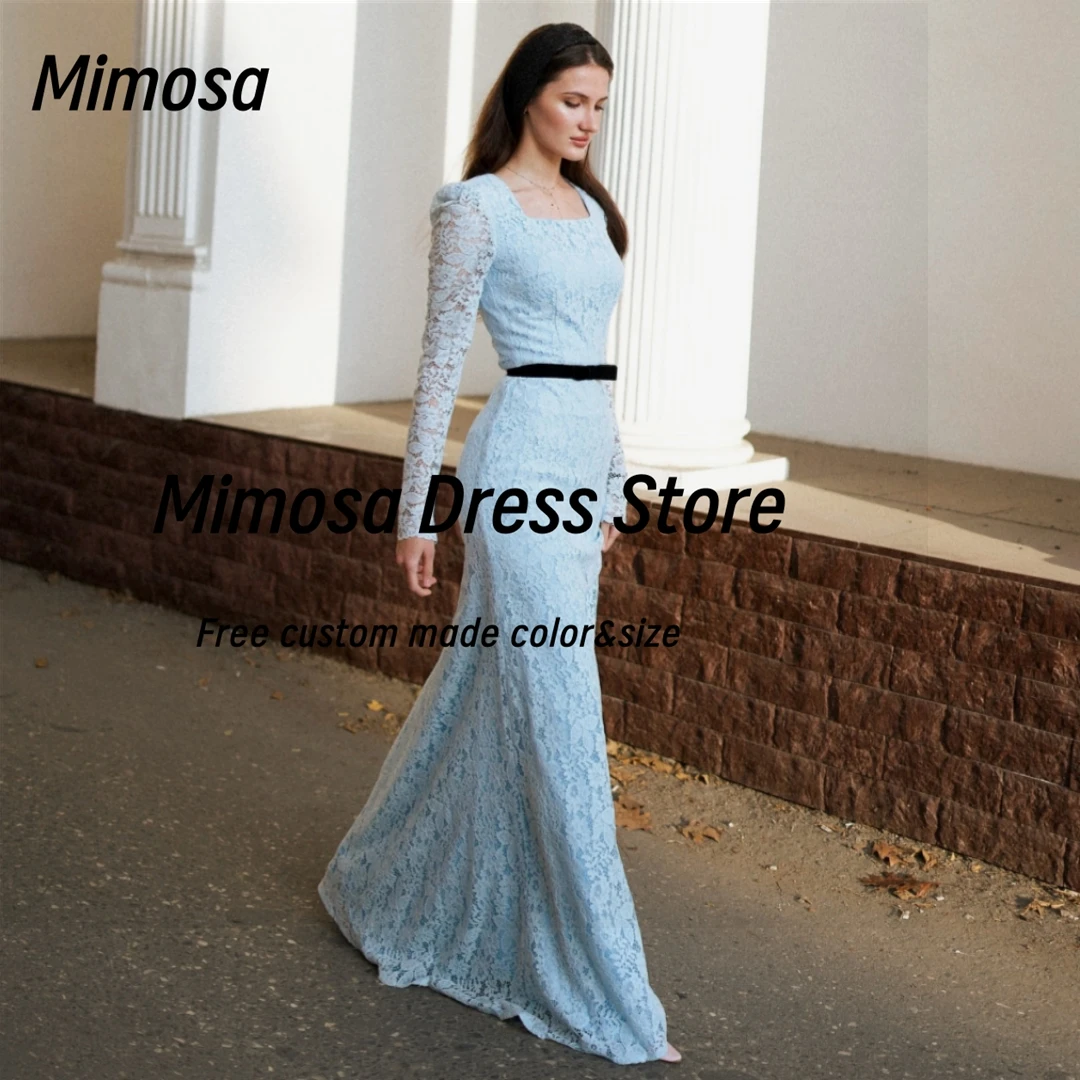 فساتين ميموسا الدانتيل الكامل للحفلات الراقصة والولائم ورقبة مربعة وأكمام طويلة فساتين سهرة بسحاب خلفي فستان زفاف العروس حسب الطلب