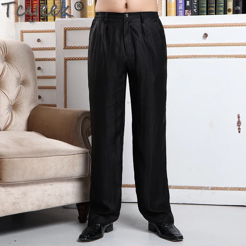 

Tcyeek 100% Mulberry Silk Long Pants Fashion Straight Pants Summer Mens Pants Casual Trousers for Men 2024 Pantalones Hombre