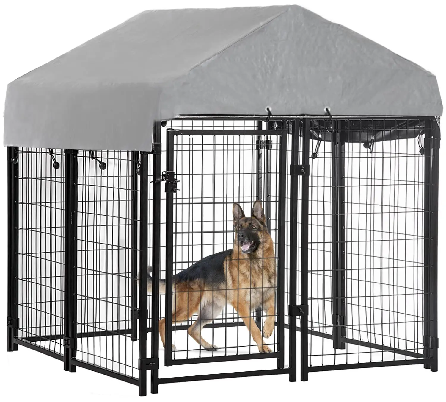 4'x4'x4.3' ft Heavy Duty Outdoor Dog Kennel with Waterproof Roof, Galvanized Steel Large Dog Run Cage for Medium &