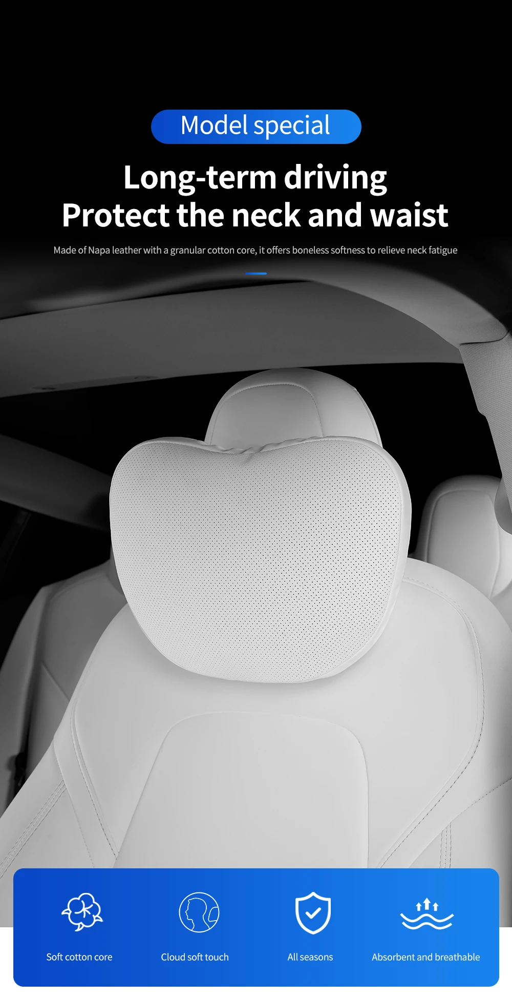 Für Tesla Model 3/Y Juniper Beflocktes/Leder-Autositz-Nackenkissen Weiches Memory-Nackenkissen Hochwertige Kopfstütze Lendenwirbelstütze – Detail 1