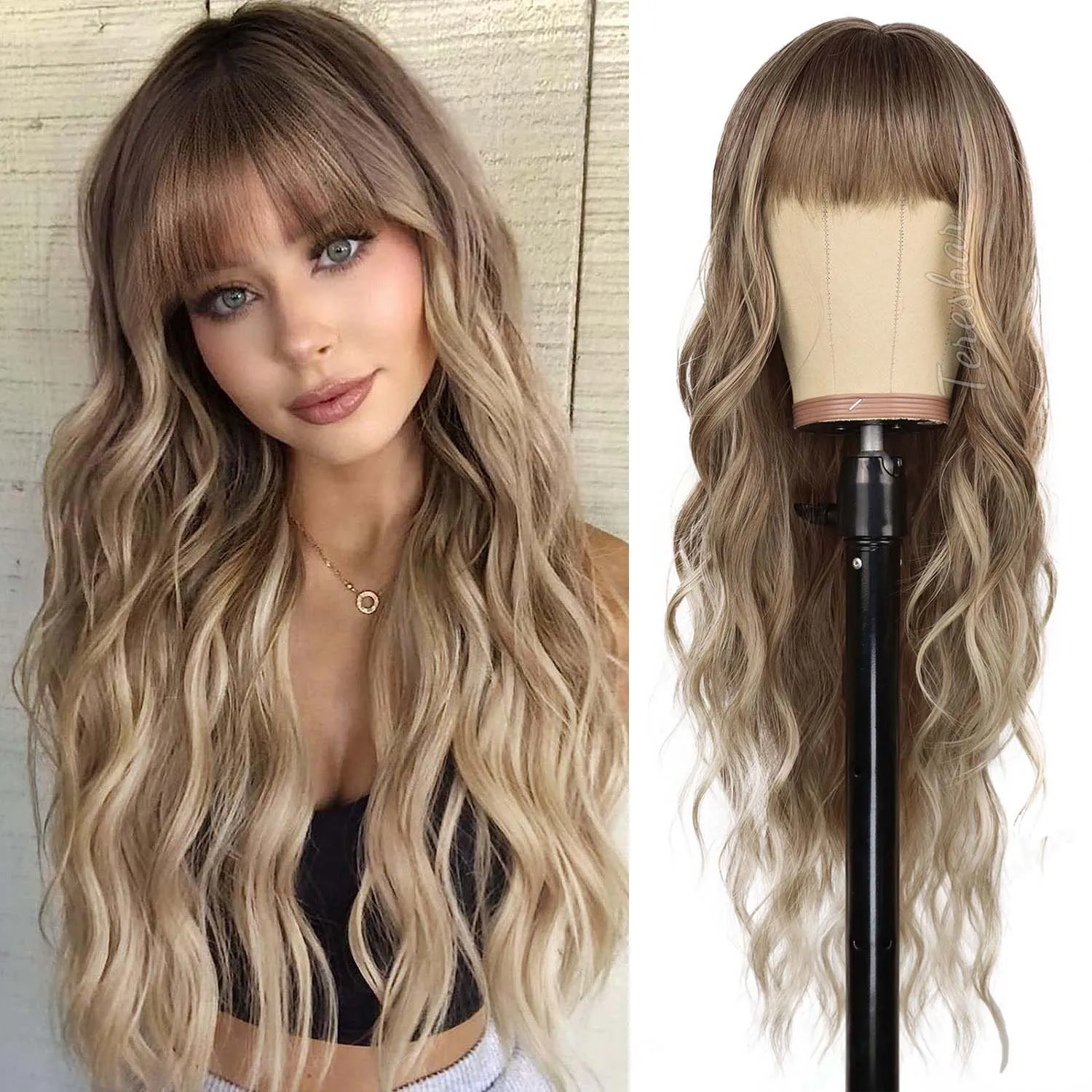 

New Fashion Selling Synthetic Fiber Wig Female Air Bangs Long Curly Hair Big Wave Temperament Repair Face Wig Multi-colored Wig