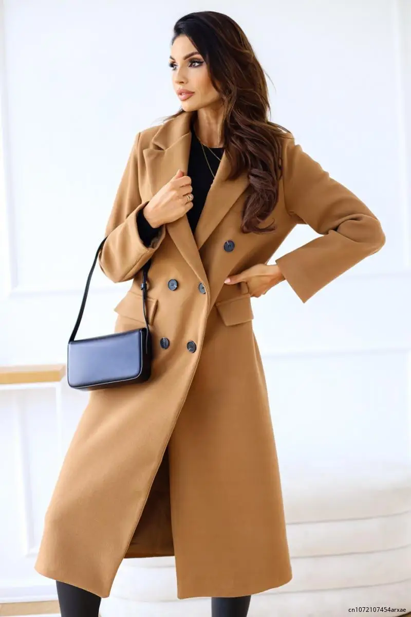 Adult Female Spring and Autumn New Simple Solid Color Lapel Collar Long Sleeves Coat Women Double Breasted Woolen Jacket