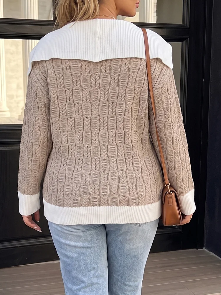 GIBSIE Plus Size Autumn and Winter Knitted Pullover Sweater Women Contrast Sailor Collar Long Sleeve Casual Sweater Jumper Top
