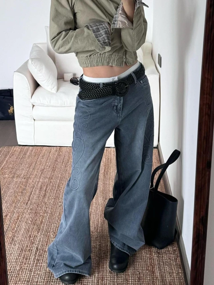 

HOUZHOU винтажные потертые джинсы женские Y2k High Street широкие потертые джинсовые брюки гранж ретро прямые джинсовые брюки оверсайз