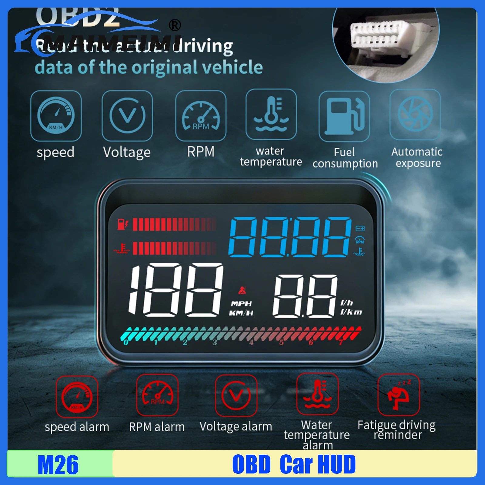 

MAIMEIMI M26 OBD автомобильное HUD лобовое стекло с большим шрифтом проекция цифровой спидометр температура воды расход топлива сигнализация превышения скорости напряжение
