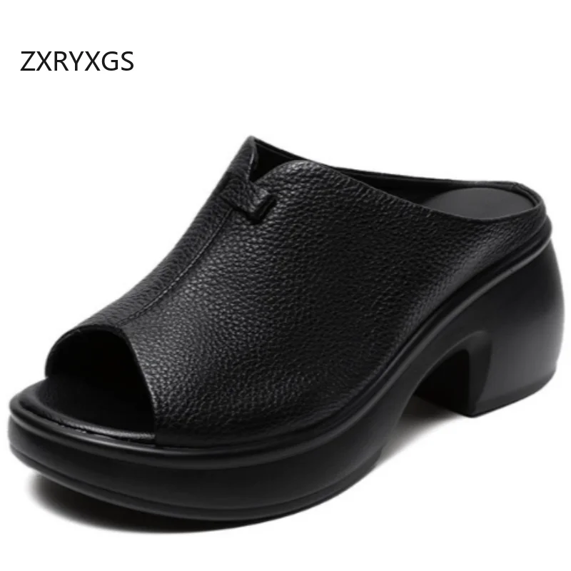 

ZXRYXGS Женские сандалии-шлепанцы из натуральной кожи с открытым носком, новинка 2026 года, летние модные шлепанцы на высоком каблуке, обувь для улицы