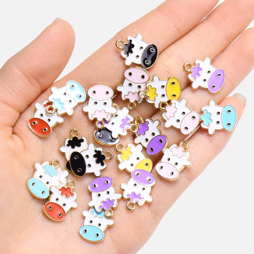10Pcs 15*17mm Cute Colorful Cow Head Enamel Cartoon Pendant DIY Handmade Jewellery Earrings Keychain Phone Chain Accessories