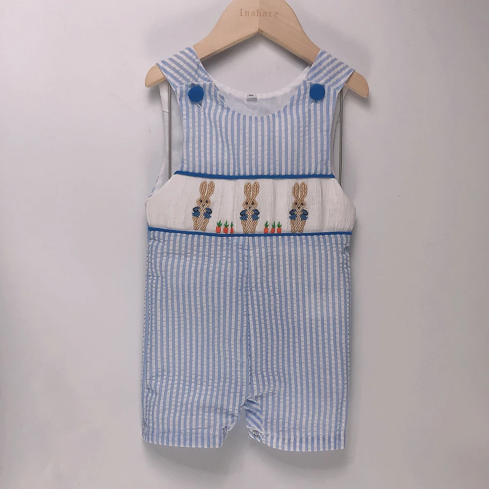 Abbigliamento Boutique per bambini estate ragazze maniche corte abito affumicato fatto a mano gonna a righe blu coniglio ricamato simpatici fratelli