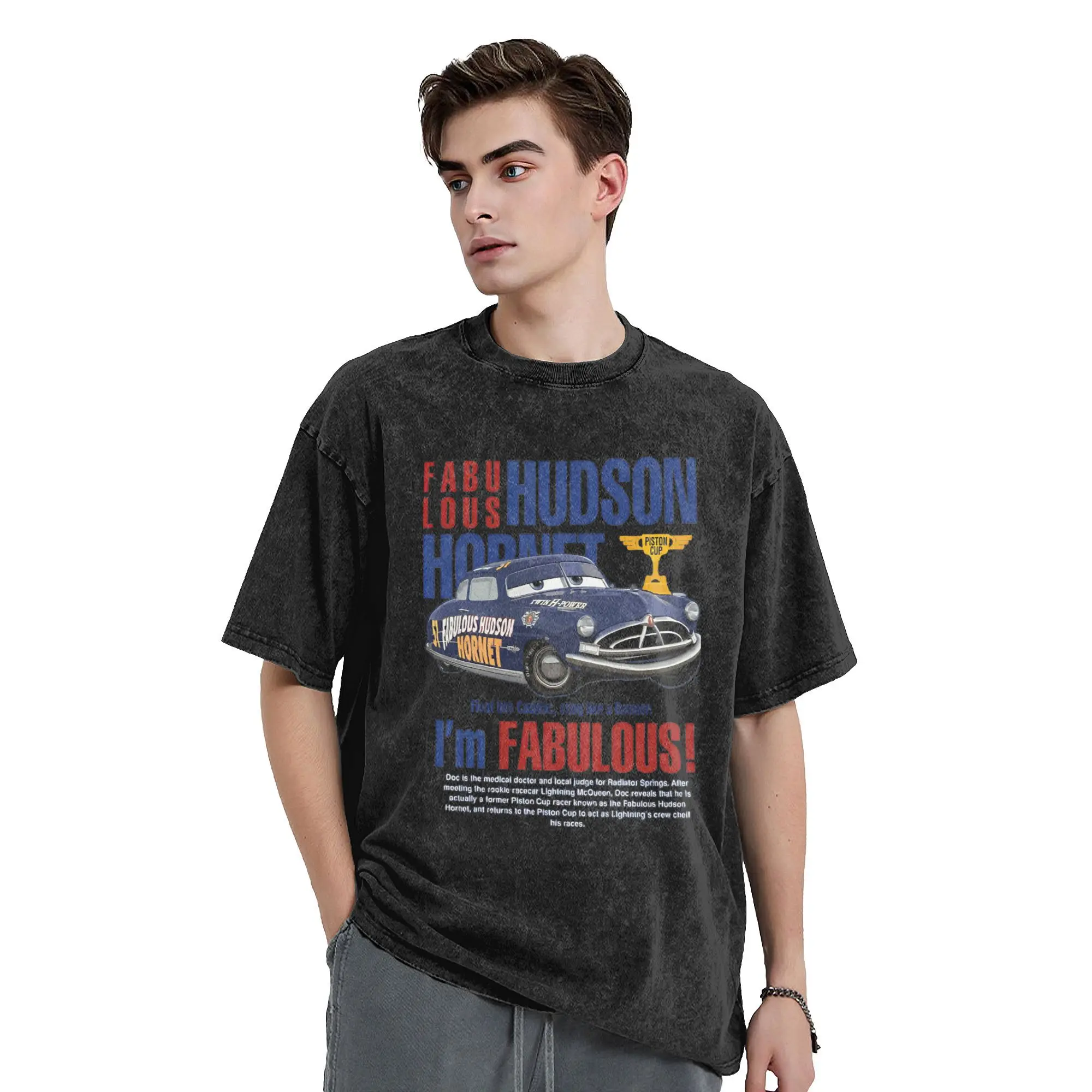 Hudsons i'm fabulous lighting car  Washed T Shirt Streetwear Hip Hop Casual T-Shirts mcqueen  Tees Men Short Sleeve