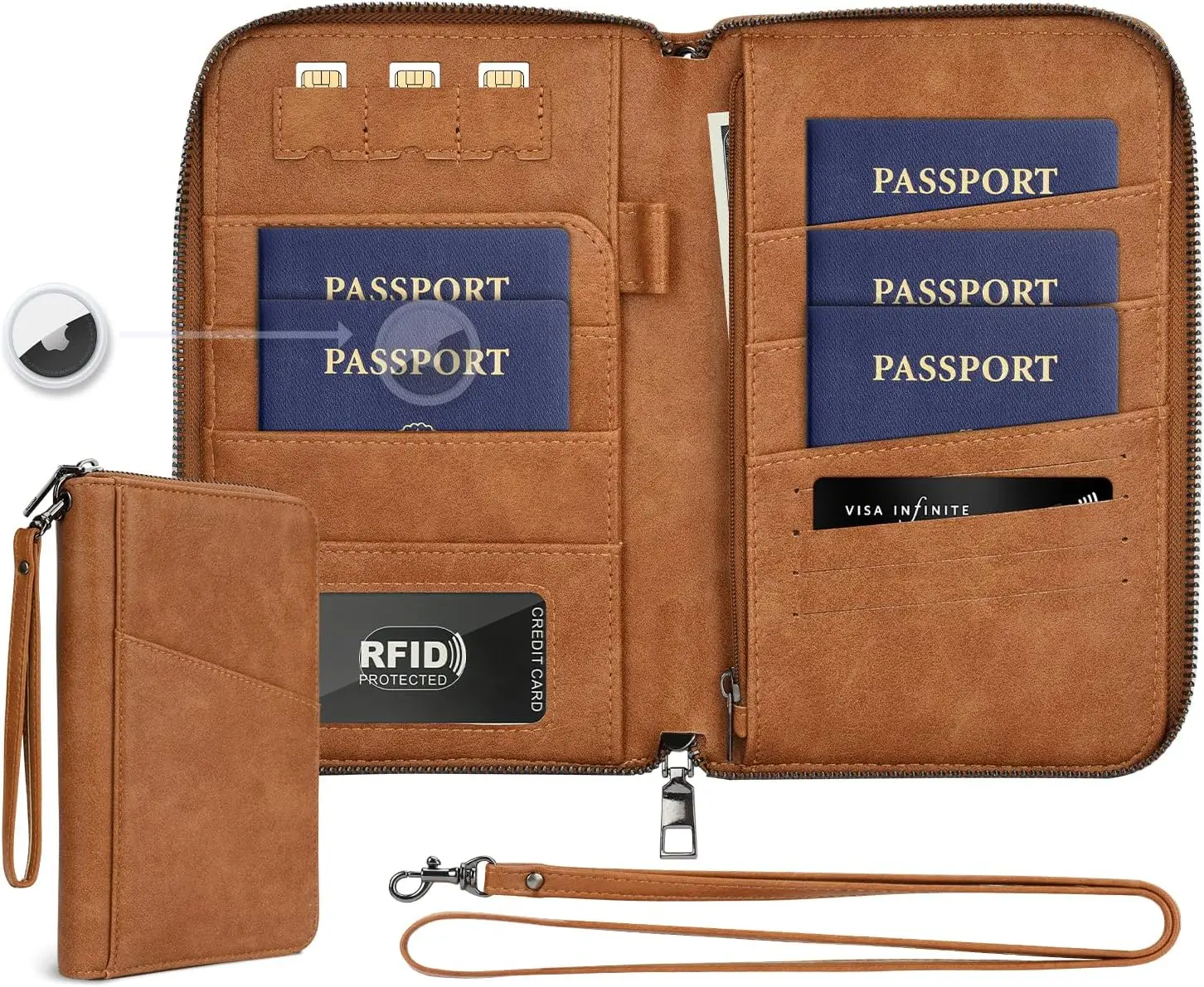 

Семейный органайзер для паспортов с RFID-защитой, карманом для AirTag и ремешками - светло-коричневый дорожный органайзер для карт и документов