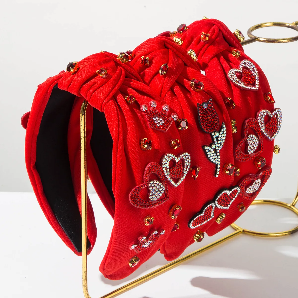 Enthusiastic Red Knotted Lover Heart Headband Glitter Bright Red Crystal Tulip Crown Hairband Celebration Party Hair Accessory