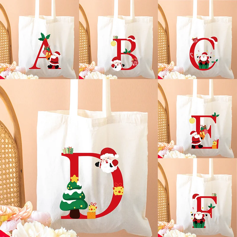 Christmas Personalizable A-Z Initial Letter Foldable Eco-Bag Canvas Pouch for Reusable Holiday Party Gifts Supplies Decorations