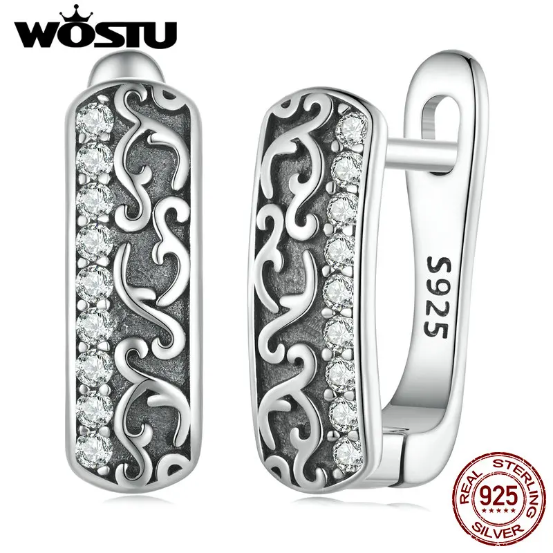 WOSTU 925 Sterling Silver European Vintage Pattern Hoop Earrings For Wmen Classic Simple Twisted Ear Clips Wedding Jewelry Gift