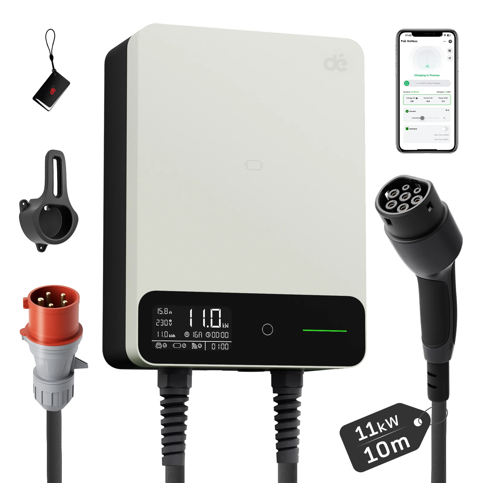 dé Wallbox Type 2 11kW 16A 3-fasen laadstation Tuya Smart APP besturing voor elektrische voertuigen 5m 7,5m 10m 12,5m 15m EV-laadkabel