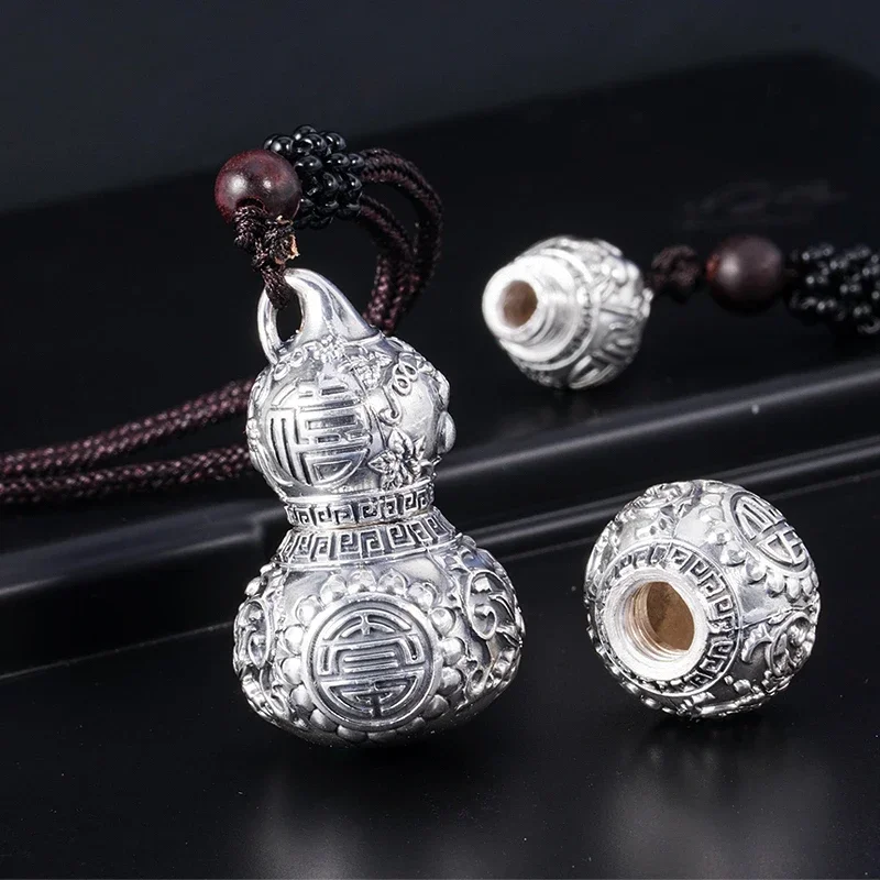 

999 Foot Sterling Silver Gourd Pendant Men's Necklace Women's Hollow Openable Vintage Jewelry Engraving Name Small Pill Box