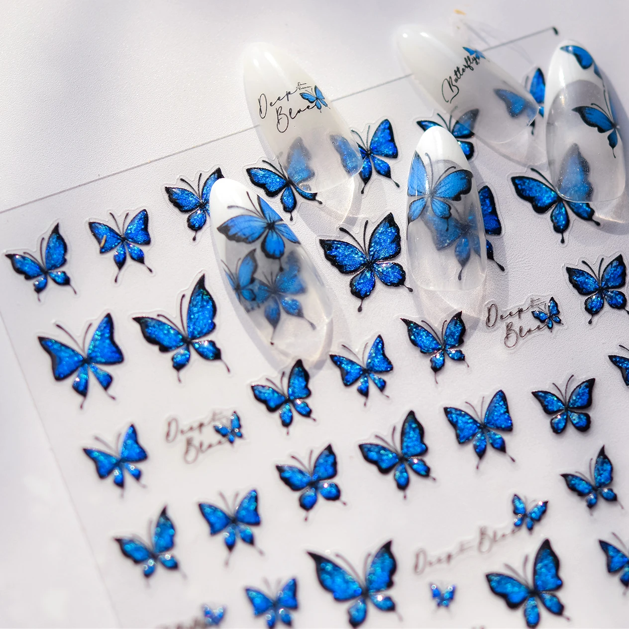 Charming Delicate Sapphire Color Blue Black Stroke Butterfly Jelly Relief Rhinestone Adhesive Nail Art Stickers Manicure Decals