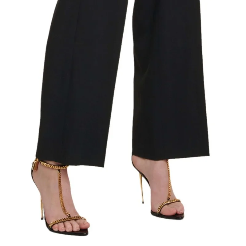 

2025 Summer New Gold One-Strap Women's High Heels Stiletto Open-Toed Metal Chain Sexy Elegant Ladies Pointed High Heel Sandals