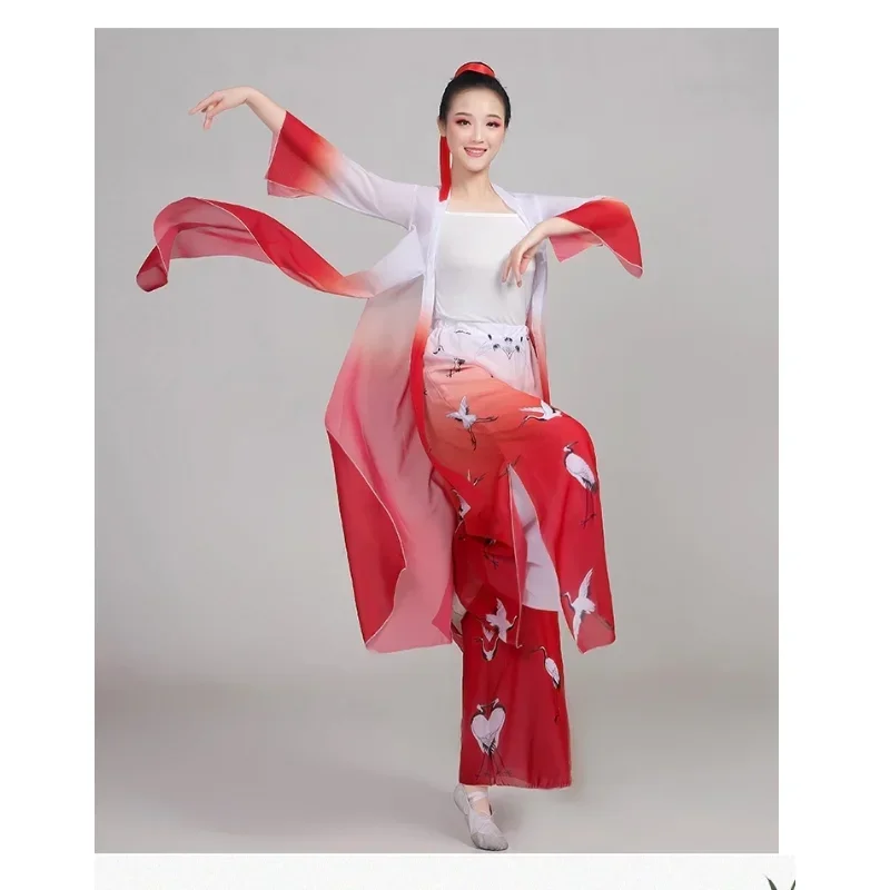 คลาสสิกเต้นรําเครื่องแต่งกายผู้หญิงElegantจีนเต้นรําพัดลมเต้นรําHanfuเสื้อสเวตเตอร์ถักชุด 2 ชิ้น