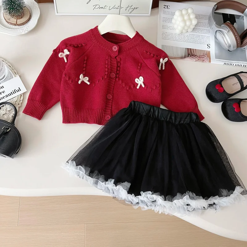 

Children's Outfit Set Skirt New Autumn Girls' Stylish Knitted Cardigan Sweater Coat Princess Skirt Half Skirt Two-Piece Set