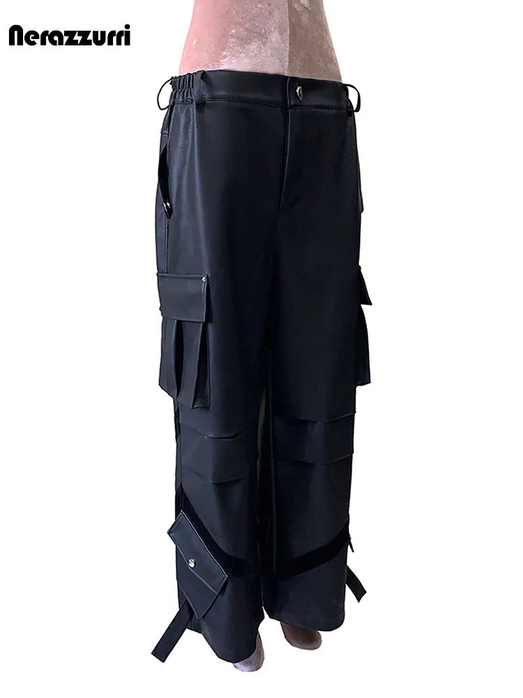 Nerazzurri Autumn Black Patchwork Pu Leather Wide Leg Cargo Pants for Men Elastic Waist Three-dimensional Pockets Menswear 2026