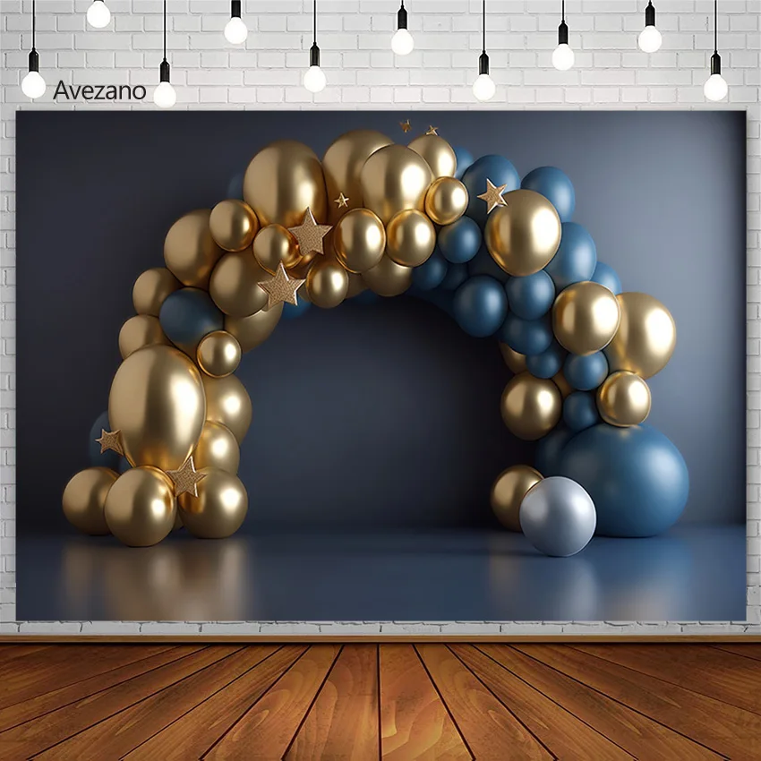 Avezano 3D Portrait Photography Background Boy Birthday Blue and Gold Arched Balloon Gate Cake Smash Photo Studio Photocall