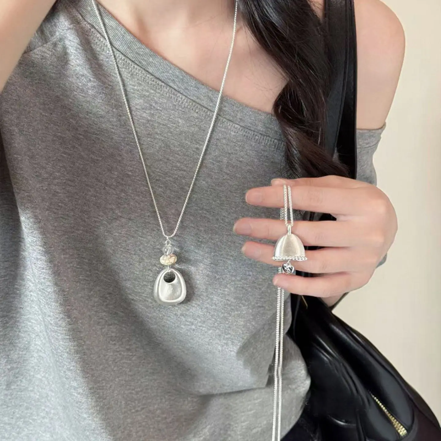 Brushed Silver Bag Charm Pendant Necklace Long Chain Elegant Premium Lightweight Unique Dainty Jewelry for Her