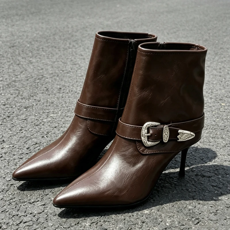 Unique Belt Buckle Detail Ankle Boots Women Fashion Pointed-toe Topstitching Stiletto Modern Boots Street-style Motorcycle Boots