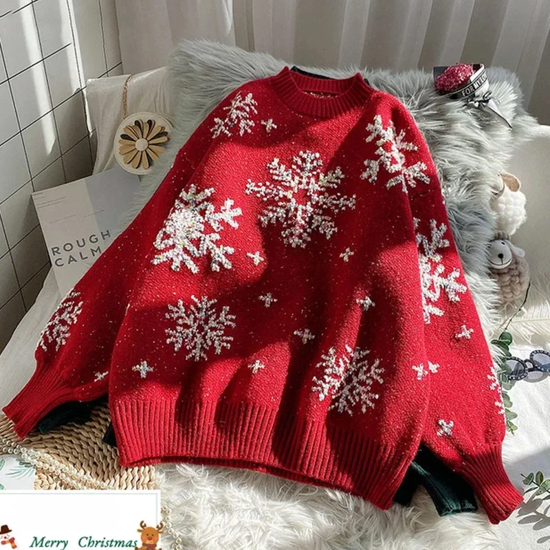 

EBAIHUI Women's Chic Sweater New Retro Red Christmas Ladies Knitwear Autumn Winter Straight Round Neck Long Sleeve Pullover Coat