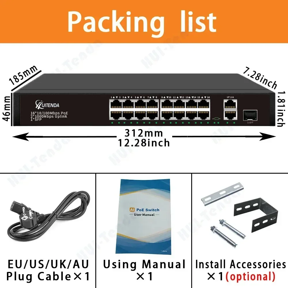 Imagem -06 - Huitenda-switch Ethernet com Porta Uplink e Porta Sfp Rede Ethernet Vlan Rj45 para Câmera ip Nvr 2x1 16x24x100mbps